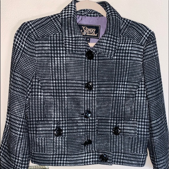 7 For All Mankind Plaid Tartan Tweed Crop Jacket M Y2K Old Money Quiet Luxury - Picture 3 of 8